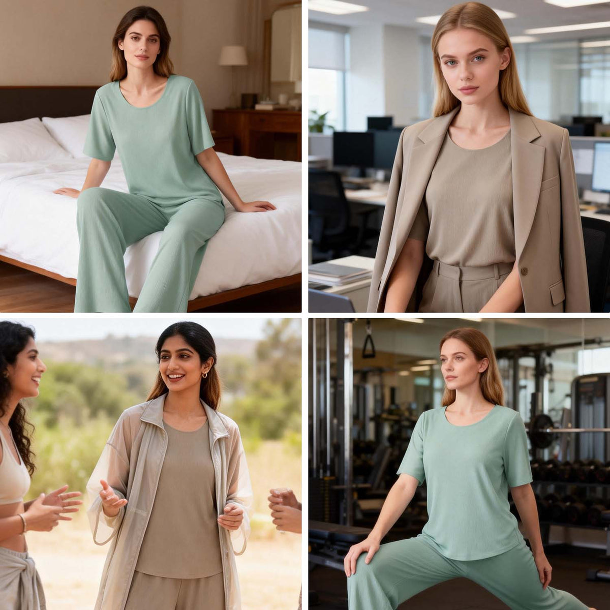 Venzina Womens Nightwear – Ribbed Texture Pajama Set with Short Sleeve Top & Long Pants