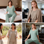 Venzina Womens Nightwear – Ribbed Texture Pajama Set with Short Sleeve Top & Long Pants