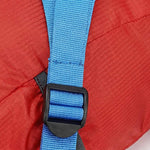 Adjustable blue shoulder strap detail on Venzina lightweight foldable backpack