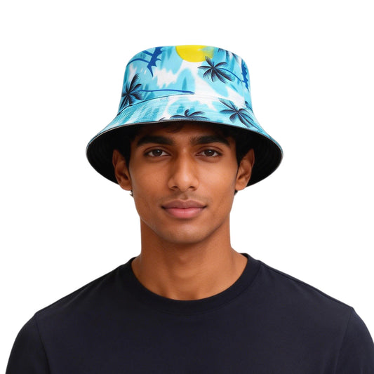 Blue tropical bucket hat with palm tree print, front view worn by model on white background