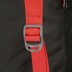 Close-up of red strap and buckle on Venzina waterproof backpack