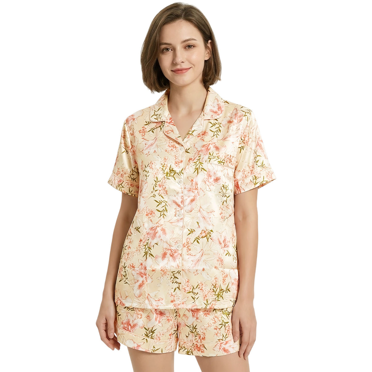 Floral women’s night suit worn by model, front view on white background