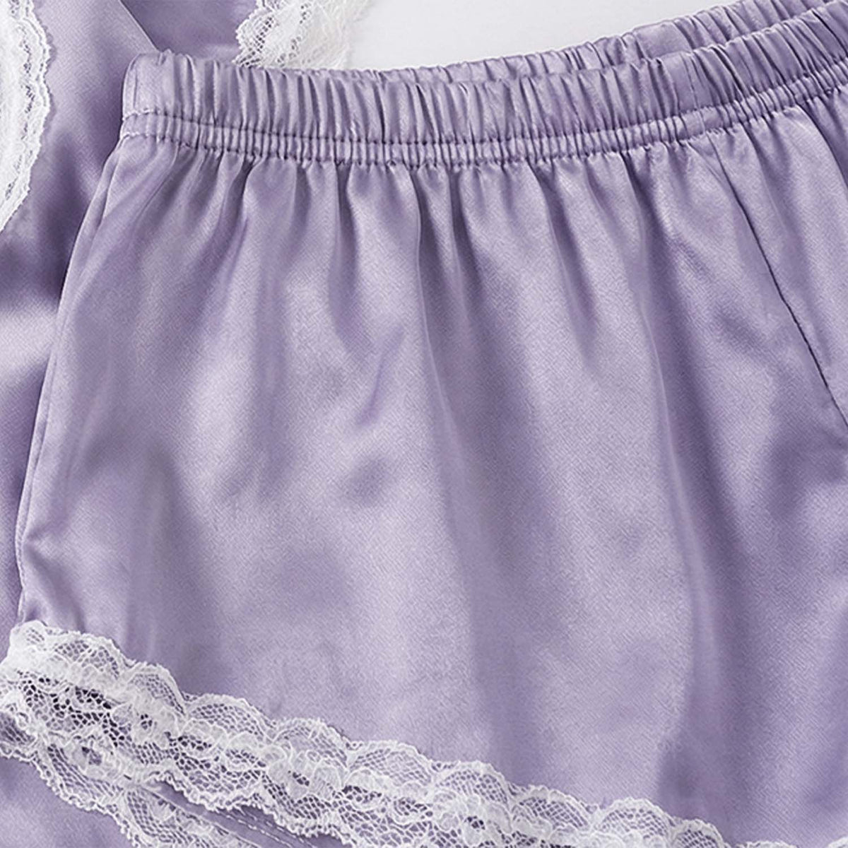 Lavender satin night suit for women, close-up of elastic waist and lace trim shorts