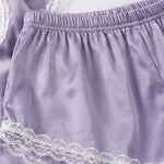 Lavender satin night suit for women, close-up of elastic waist and lace trim shorts