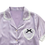 Lavender satin night suit for women, close-up of lace collar and heart pocket