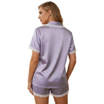 Lavender satin womens pyjama set, back view with lace trim details