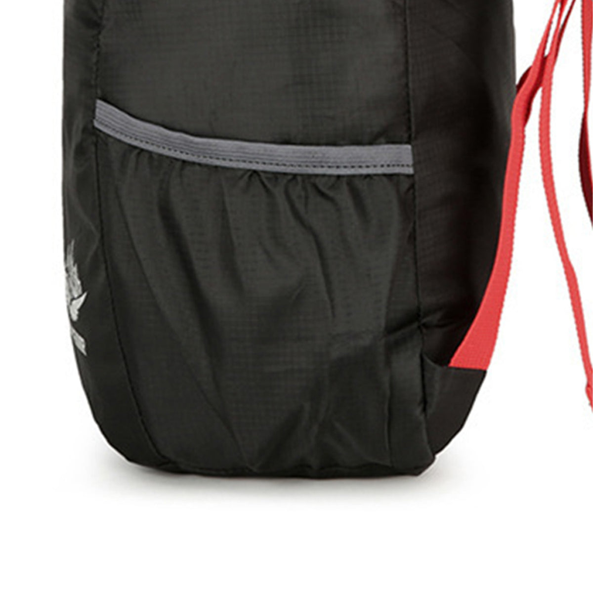 Side view of Venzina lightweight backpack with front pocket and red drawstring
