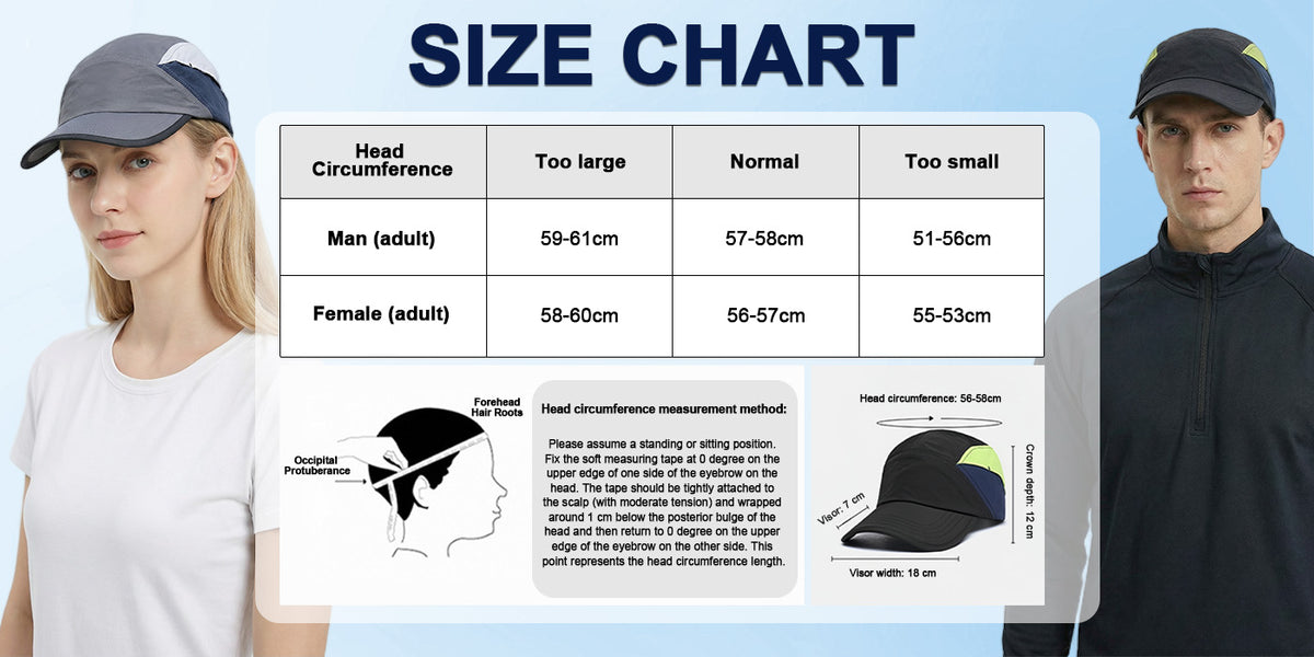 Venzina Baseball Cap size chart showing head circumference guide for men and women