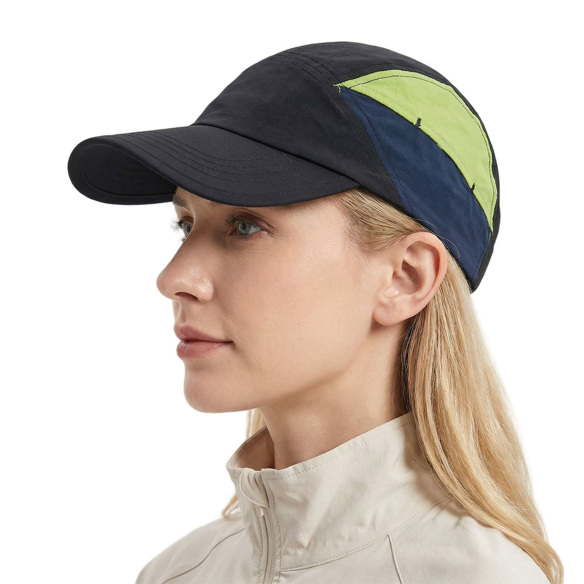 Venzina Baseball Cap worn by woman side profile showing lightweight breathable panel design