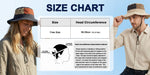 Venzina Bucket Hat size chart showing head circumference measurement guide and free size 56–58 cm