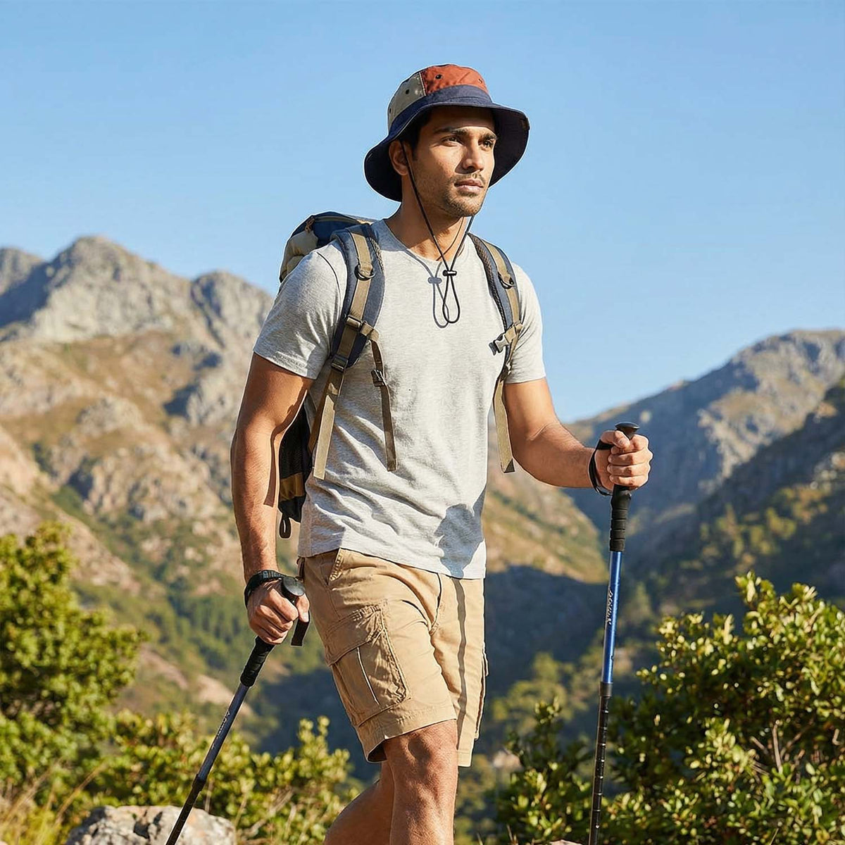 Venzina Outdoor Sun Hat worn by man hiking with backpack and trekking poles showing wide brim and chin strap