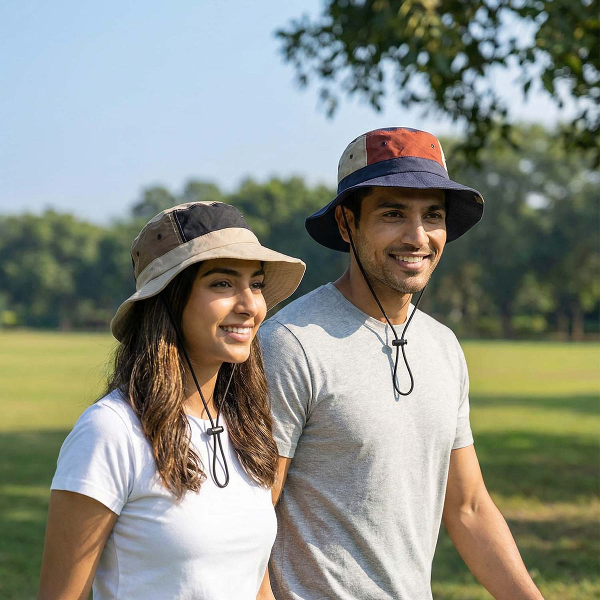 Venzina Outdoor Sun Hat worn by two people walking outdoors with wide brim and adjustable chin straps