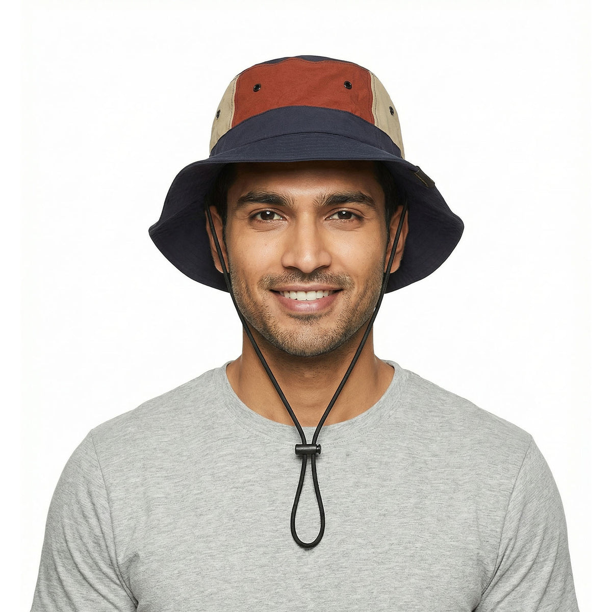 Venzina Sun Hat front view with model wearing wide brim hat and adjustable chin strap