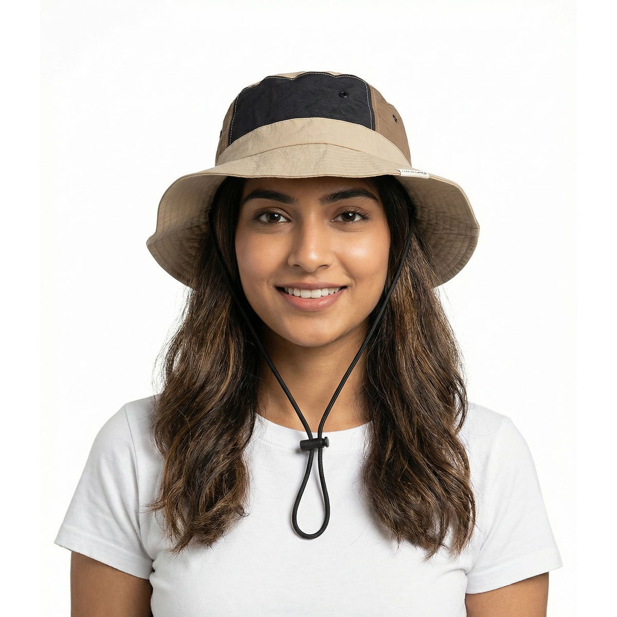 Venzina Sun Hat front view worn by woman showing wide brim and adjustable chin strap