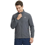 Venzina Sunscreen Jacket for Men in grey, front view worn, model zipping stand-collar jacket on white background