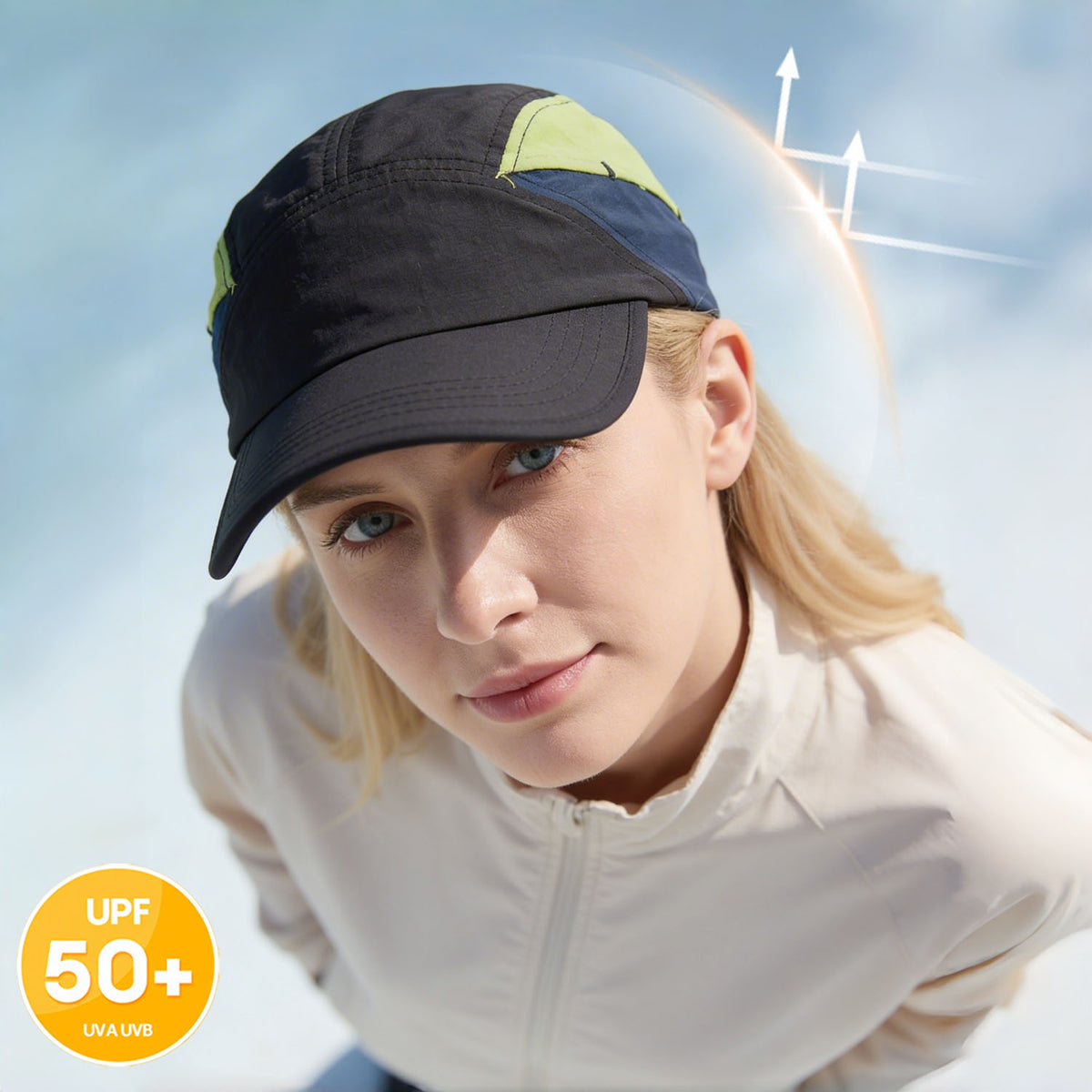 Venzina UPF 50+ Sun Cap worn by woman under clear sky showing curved brim and breathable panels