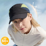 Venzina UPF 50+ Sun Cap worn by woman under clear sky showing curved brim and breathable panels