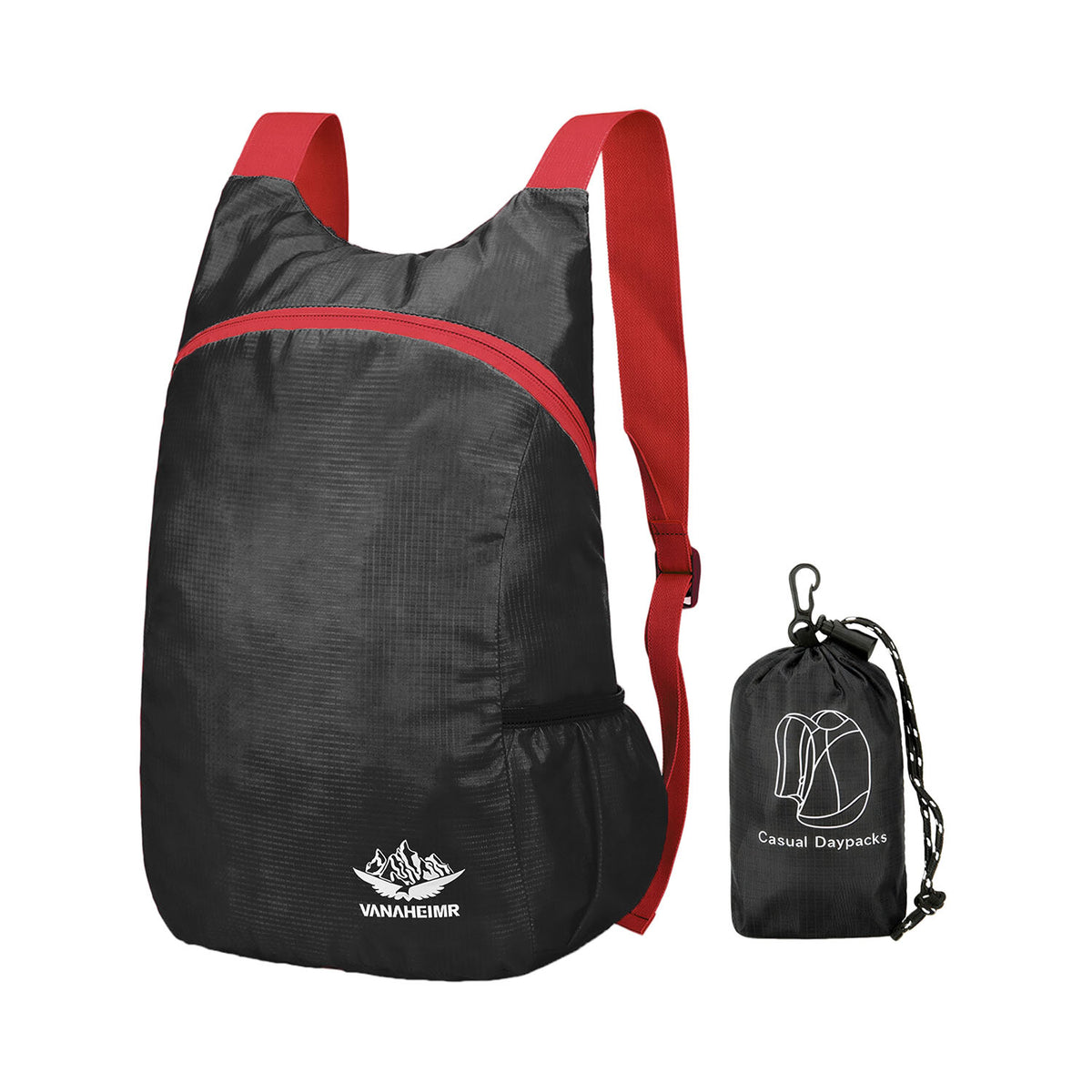 Venzina black and red foldable backpack with matching storage pouch, front view