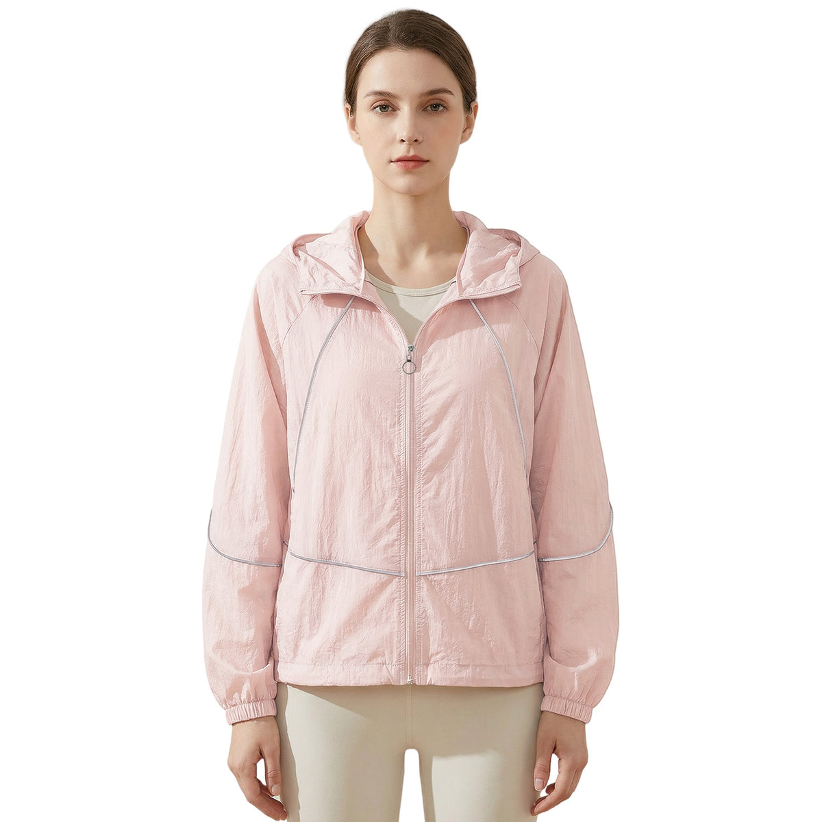 Venzina blush pink sun protection jacket women, front full-body wear with half-zip open, studio white background