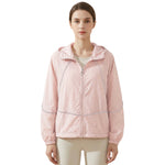 Venzina blush pink sun protection jacket women, front full-body wear with half-zip open, studio white background