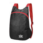 Venzina compact foldable backpack in black with red straps, waterproof nylon daypack front view