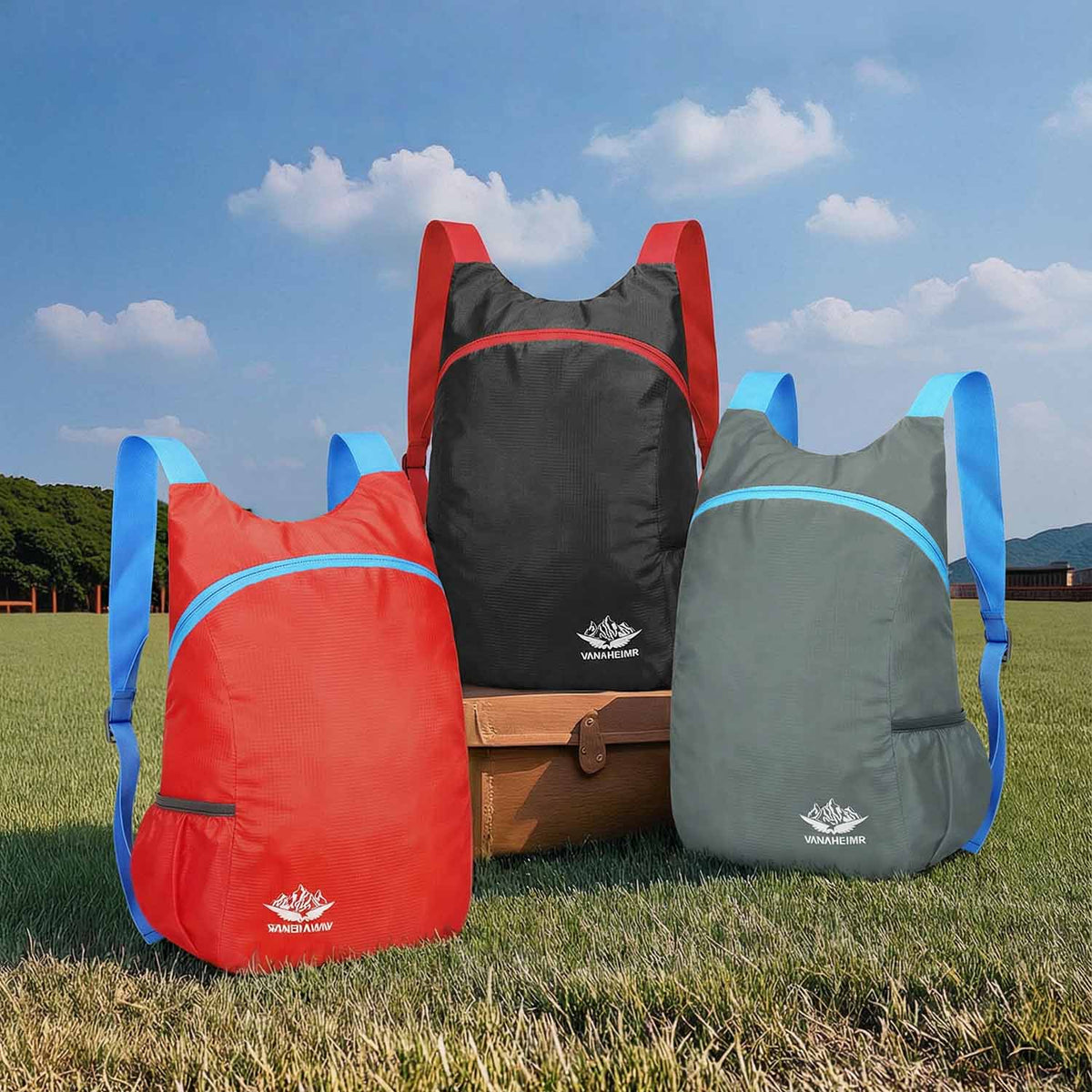 Venzina compact foldable backpacks in red, black and grey, lightweight travel daypacks outdoors