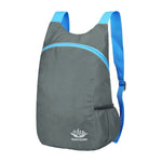 Venzina foldable lightweight backpack in grey with blue straps, waterproof travel daypack front view