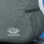 Venzina gray waterproof fabric close-up with water droplets, foldable backpack logo detail