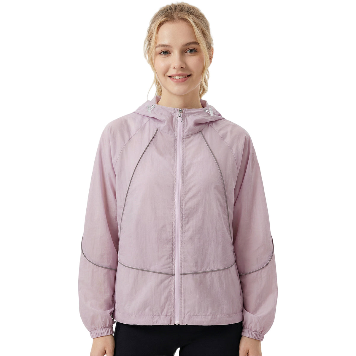 Venzina light pink sun protection jacket for women, front view hooded fit, studio on white background