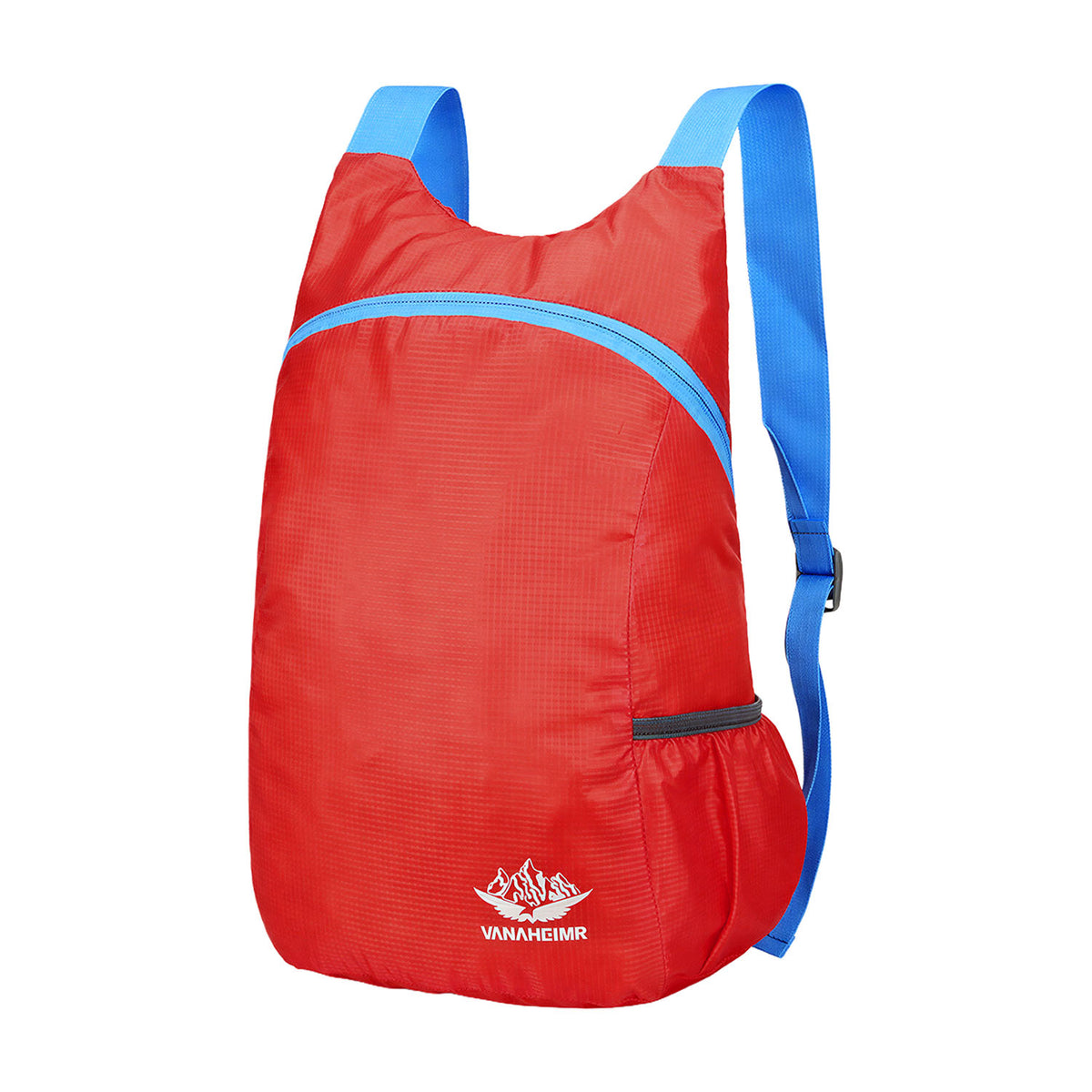 Venzina lightweight foldable backpack in red with blue straps, waterproof travel daypack front view