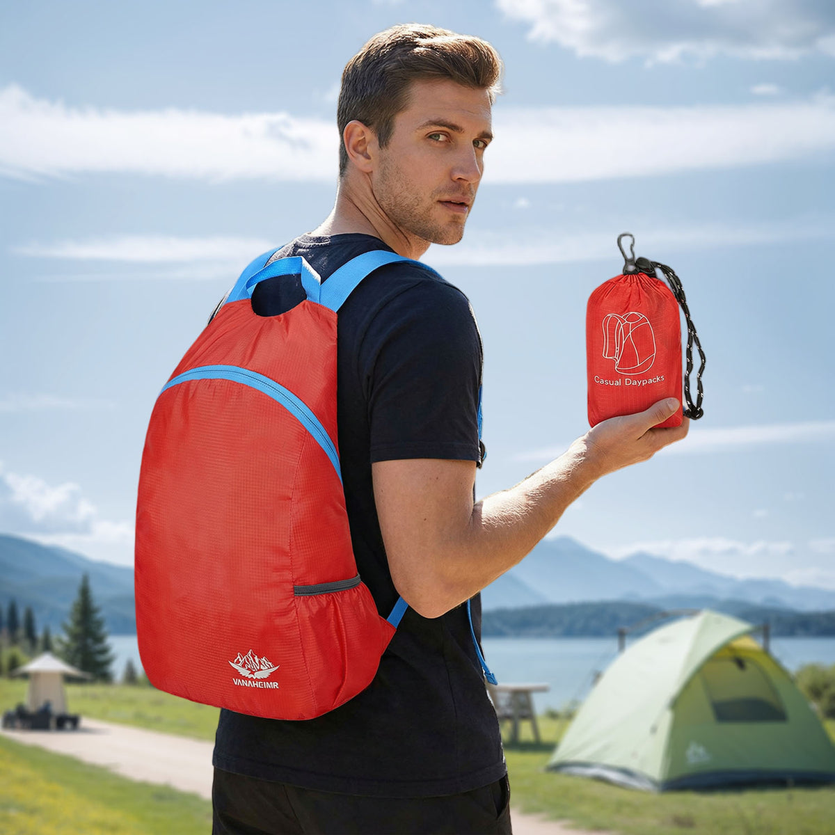 Venzina lightweight foldable backpack worn for outdoor hiking, waterproof travel daypack in use