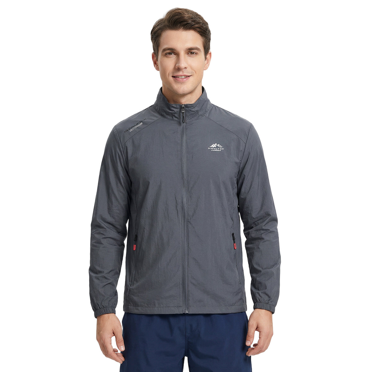 Venzina men's sun protection jacket, full-front view worn zipped up, stand collar and zip pockets on white background