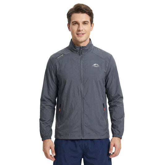 Venzina men's sun protection jacket, full-front view worn zipped up, stand collar and zip pockets on white background
