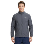 Venzina men's sun protection jacket, full-front view worn zipped up, stand collar and zip pockets on white background