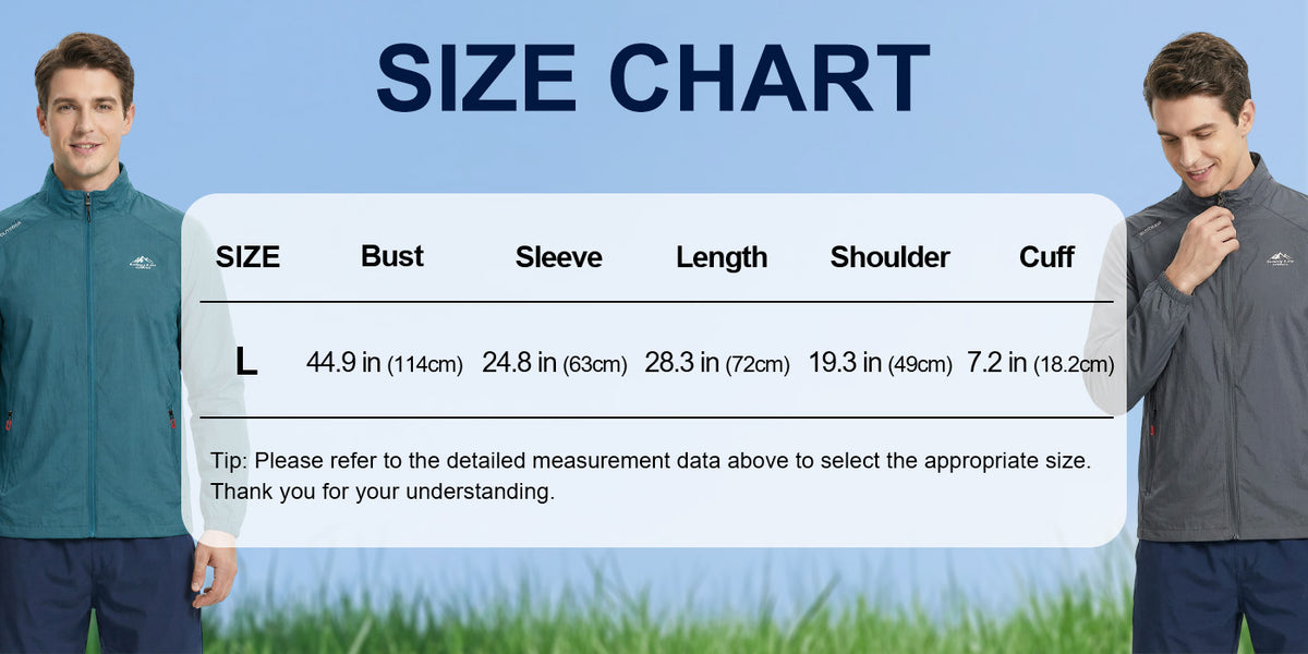 Venzina men's sun protection jacket size chart with measurements, teal and grey jackets on sky background