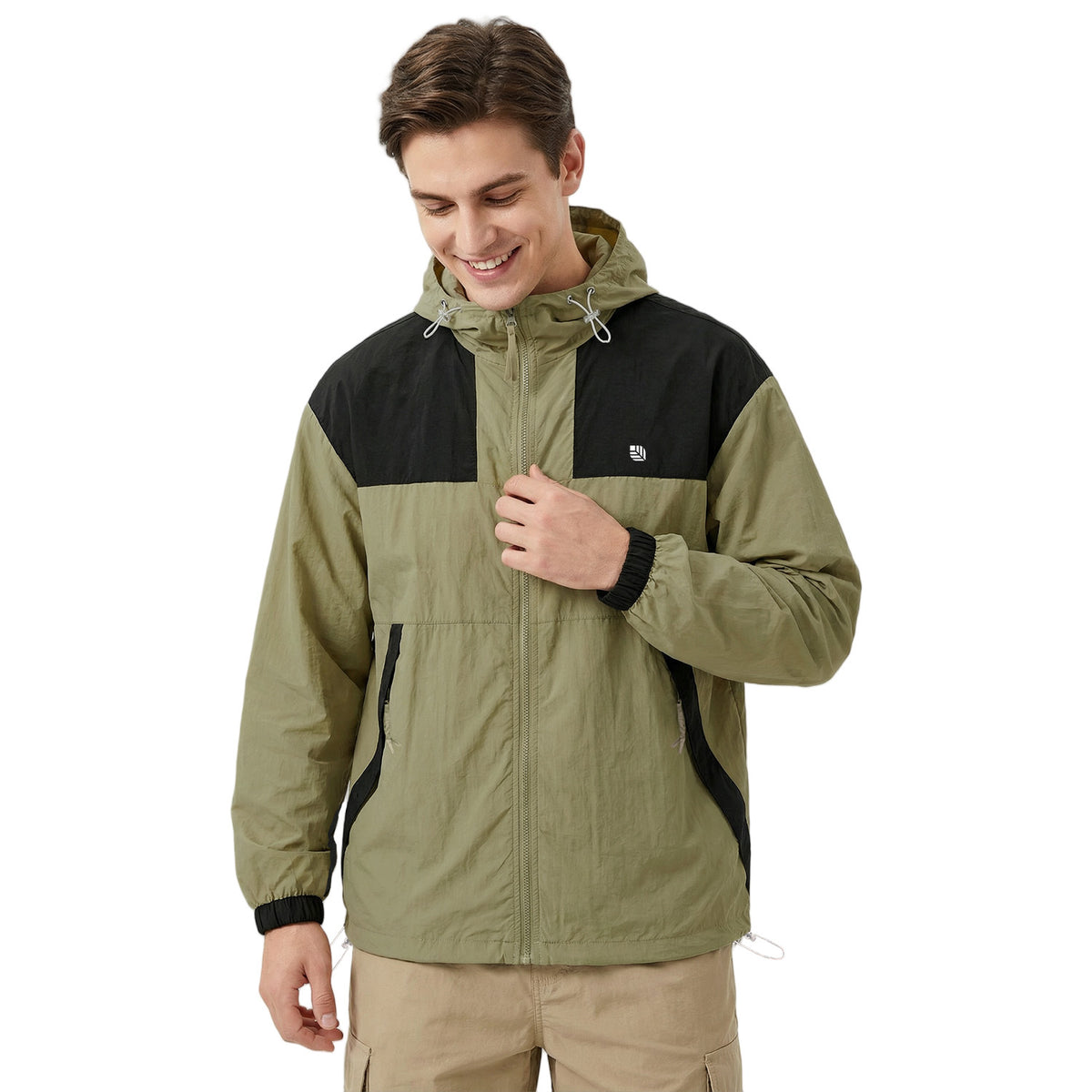 Venzina men's sun protection jacket worn, olive-black color-block hoodie, hand on zipper, white background