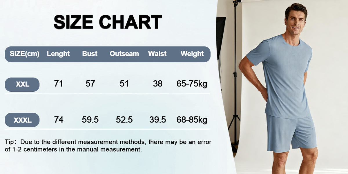 Venzina mens nightwear size chart showing measurements table alongside male model wearing light blue ribbed top and shorts in studio