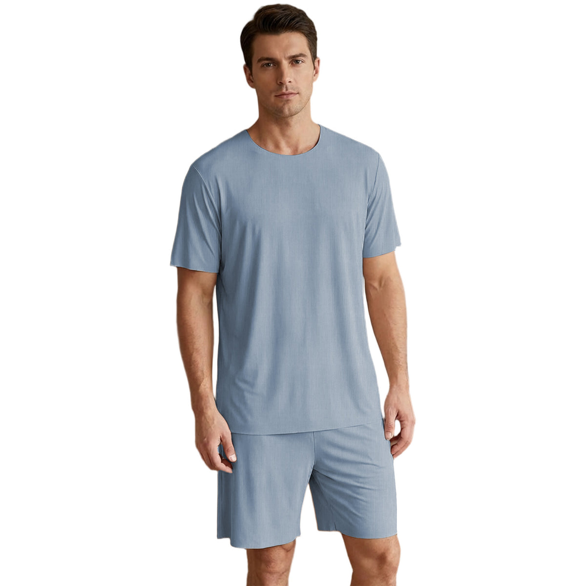 Venzina mens nightwear worn by male model, front view of light blue ribbed short-sleeve top and shorts on a clean studio background
