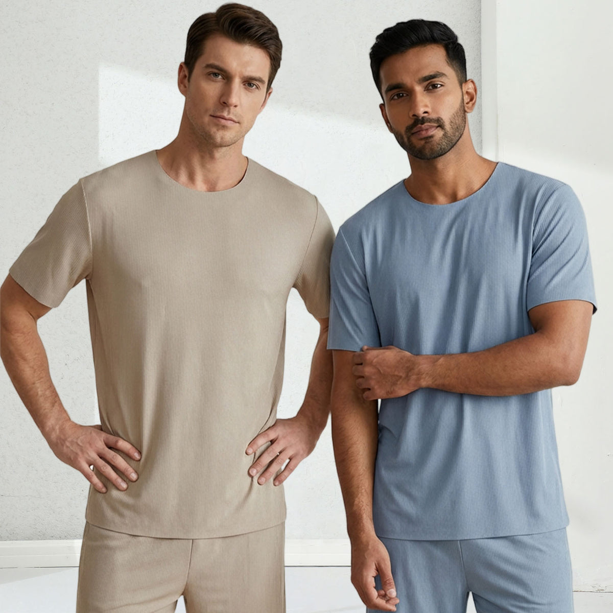 Venzina mens nightwear worn by two male models, front view showing beige and blue ribbed lounge sets in a clean indoor setting