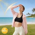 Venzina sun protection jacket for women in pink, beach front view with sun flare graphic and UPF 50+ badge