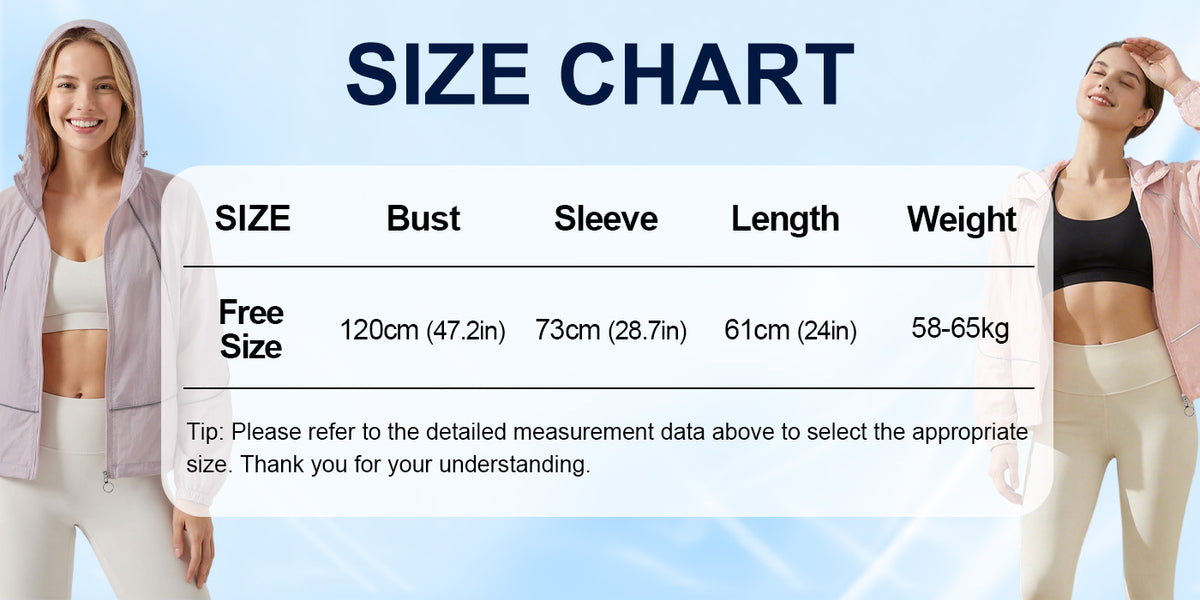 Venzina sun protection jacket for women size chart, free size measurements for bust sleeve length and weight on blue background