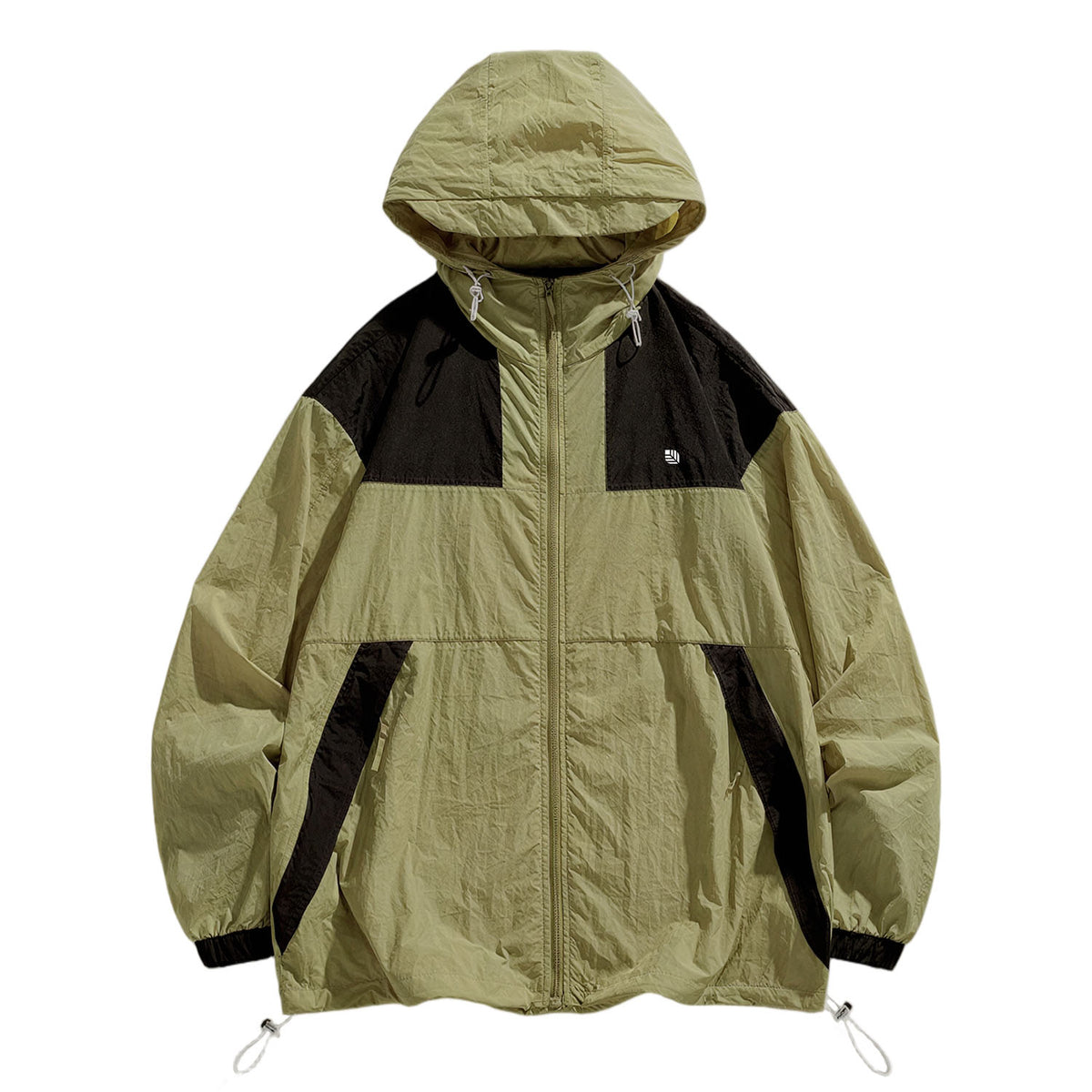 Venzina sun protection jacket front view, olive-green and black color-block hoodie with visor hood, elastic cuffs, white background