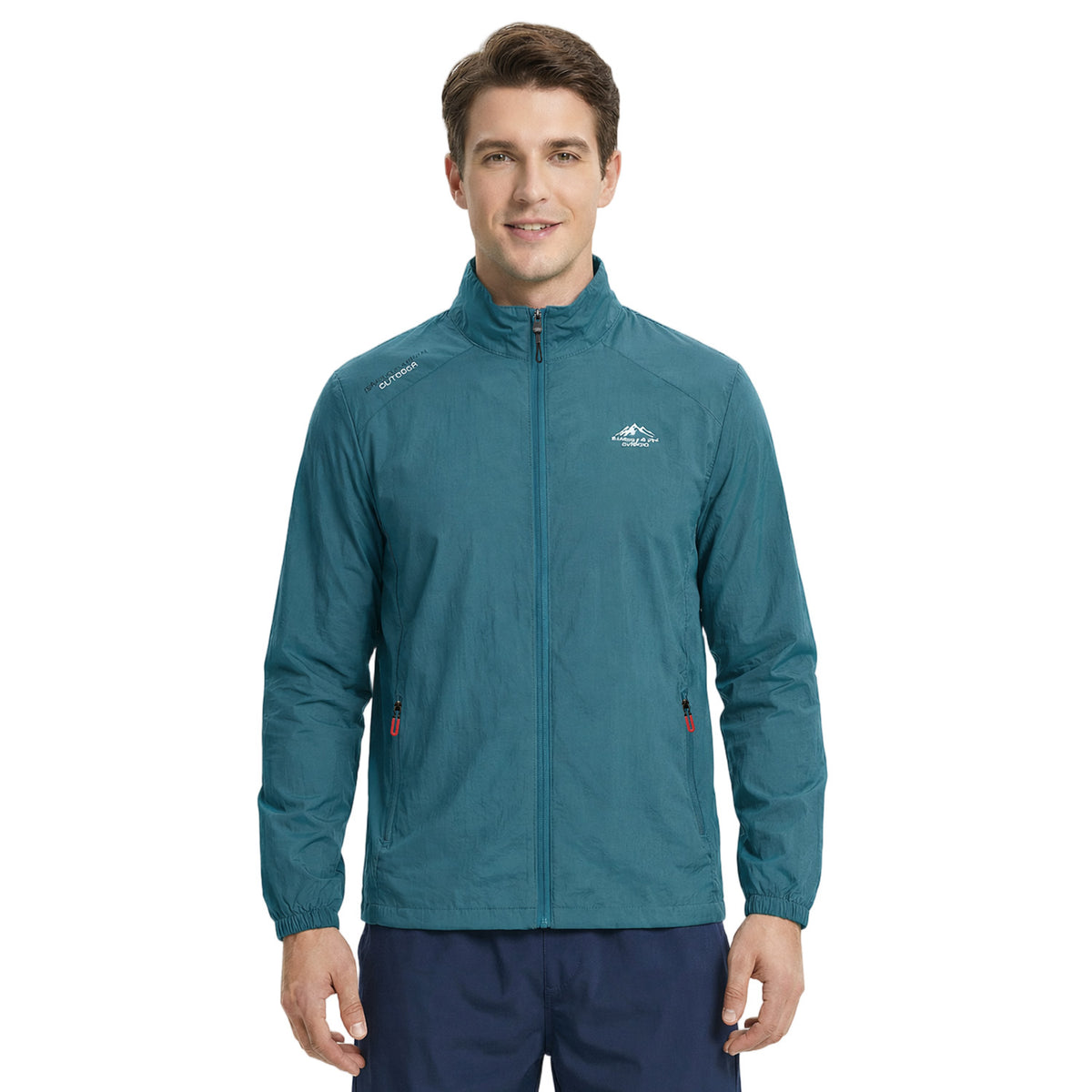 Venzina sun protection jacket in teal, full-body front view worn zipped, stand collar and pocket zips on white background
