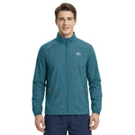 Venzina sun protection jacket in teal, full-body front view worn zipped, stand collar and pocket zips on white background