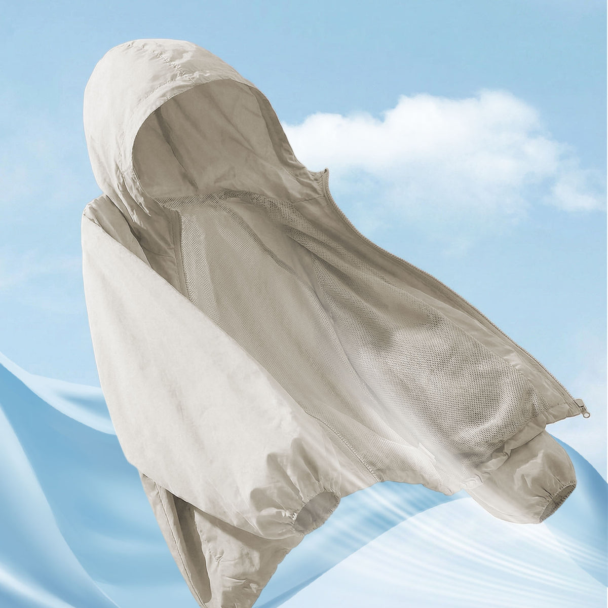Venzina sun protection jacket women outdoor angled view, beige hooded jacket opened to show inner mesh lining against blue sky
