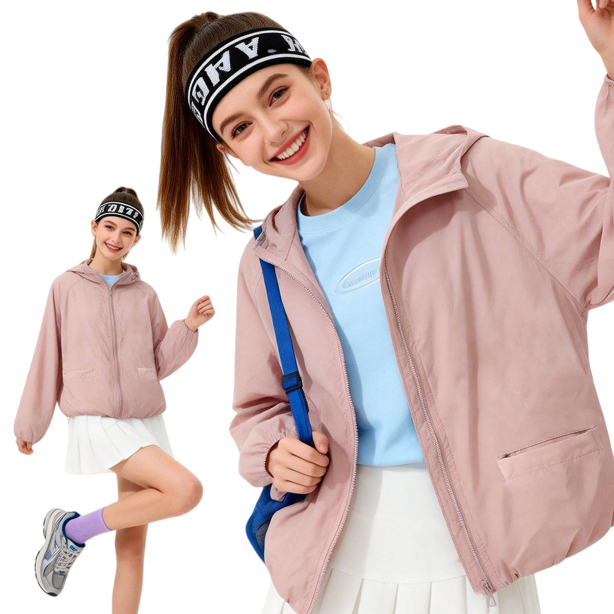 Venzina sun protection jacket women worn front view, soft pink hooded jacket styled with blue top and white skirt in studio with inset pose