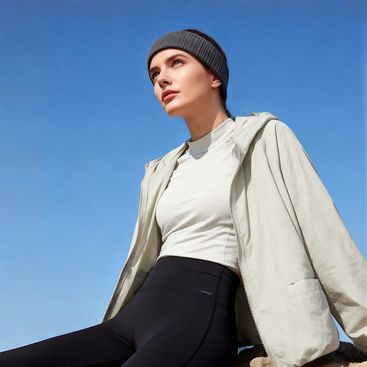 Venzina sun protection jacket women worn outdoor low-angle view, light beige hooded jacket layered over white top against clear blue sky