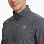 Venzina sun protective clothing close-up, grey stand collar, front zipper track and chest logo on white background