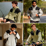 Venzina sun protective clothing collage: fishing by lake, jogging on road, zip-up close view, cycling in park
