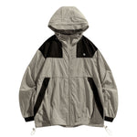 Venzina sunscreen jacket front view, grey-black color-block hood with visor brim, elastic cuffs and drawcord hem, white background